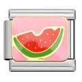 Detailansicht Edelstahl Italian Charm Link mit rosa Emaille-Wassermelonen-Design. - Wassermelone Muster (SG01) / Stahlfarbe