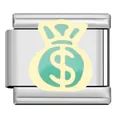 Detailansicht eines italienischen Edelstahl-Charms mit einem mintgrünen Geldsack-Design - Geldbeutel Stil (MK02) / Stahlfarben