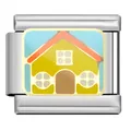 Detailansicht des Emaille-Haus-Landschafts-Charms aus italienischem Edelstahl - Märchenhaftes Gelbes Haus (FZ02)