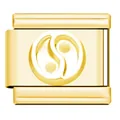Macro view of gold stainless steel bracelet charm featuring a Yin Yang symbol - Gold Tai Chi 2