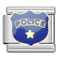 Macro detail of a stainless steel Italian charm with blue police badge design - Police Badge Style (MK03)
