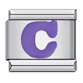 Detail view of a stainless steel Italian charm link featuring a purple letter C design - Letter C (Y120) / Purple (Silver Base)