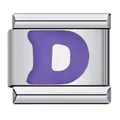 Detail macro view of a stainless steel Italian charm module with a purple letter D design - Letter D (Y121) / Purple (Silver Base)