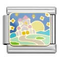 Detailed macro view of Italian charm link featuring a colorful enamel castle landscape - Pink Spire House (FZ04)