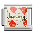 Detailaufnahme des modularen Januar-Armbandglieds aus Edelstahl mit roten festlichen Mustern - Januar-Modul / Januar Thema (YW01)