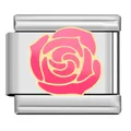 Pink enamel rose Italian charm link in stainless steel for DIY modular bracelet - Pink Rose Link (HB07)