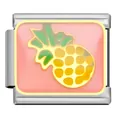 Italian modular charm link in stainless steel with a pink enamel pineapple design - Pineapple Pattern (SG06) / Steel Color