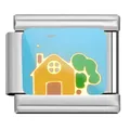 Stainless steel Italian charm link with colorful enamel house and tree scenery for DIY jewelry - Trees and Yellow House (FZ07)