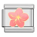 Silver Italian charm bracelet link featuring a pink hibiscus flower enamel design for DIY - Pink Hibiscus Link (HB09)