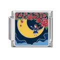 Italian charm link with enamel design of a girl on a crescent moon and red roses - Girl On Moon With Roses (YK09)