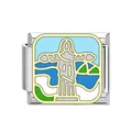Stainless steel Italian charm link with Christ the Redeemer enamel scenery - Rio Christ Statue Style (DB06) / Steel