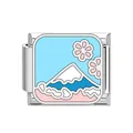 Stainless steel Italian charm link with Mt. Fuji and cherry blossom enamel design - Mount Fuji Cherry Blossom Style (DB07) / Steel