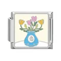 Italian modular bracelet charm featuring a colorful floral vase enamel design in silver finish - Blue Vase Tulip (#7)