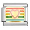 Close-up of stainless steel modular charm with enamel heart and rainbow pattern - Gold Heart Rainbow Link (AX01)