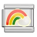 Detail view of a stainless steel Italian charm with rainbow and heart enamel design - Rainbow Heart Cloud Link (AX02)