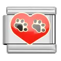 Macro detail of Italian modular charm with red heart and black paw prints design - Heart Cat Paw Link (AX04)