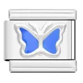Detail des silbernen italienischen Charm-Links mit einem blauen Emaille-Schmetterling - Blauer Schmetterling Muster (AX02)