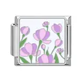 Italian charm bracelet link featuring a delicate lilac floral pattern in stainless steel - White Base Purple Flower (#23)