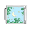 Italian charm bracelet link with crescent moon and stars on sky blue enamel background - Star Leaf Cluster Pattern (HK11)