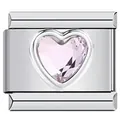 Close-up of a stainless steel Italian charm link featuring a pink heart-shaped crystal - Single Modular Link (Z04) / Pink Heart Rhinestone