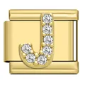 Gold stainless steel modular charm for DIY bracelets featuring a crystal letter J - Letter J Charm (J10)