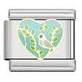 Detail view of a stainless steel Italian charm link featuring heart bird and leaf motif - Light Blue/Gold
