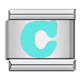 Detail view of a stainless steel Italian charm link with a light green letter C design - Letter C(C03)