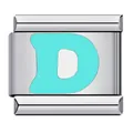 Close-up of a stainless steel Italian charm module featuring a cyan letter D design - Letter D(D04)