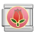 Close-up detail of a silver modular charm link featuring a red tulip enamel flower - Pink Base Red Tulip (HD03)