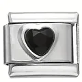 High polished stainless steel Italian charm link with a faceted black heart stone - Single Modular Link (Z05) / Black Heart-Shaped Rhinestone