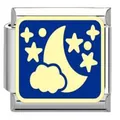 Italian charm bracelet link featuring a blue starry night sky with moon and stars - Moon Starry Sky Module (YK08) / Blue/Steel