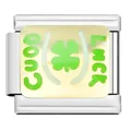 Italian modular charm link with green four-leaf clover and Good Luck text on steel - Good Luck Clover Module (YW11)