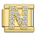 Gold stainless steel modular Italian charm with sparkling crystal-studded letter N detail - Letter N Charm (N14)