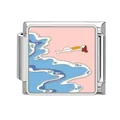 Italian modular bracelet charm link featuring enamel swimmer on pink water with blue waves - Seaside Swimming Pattern (HK17)