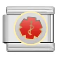Close-up van een roestvrijstalen Italiaanse bedel met rood medisch alarmsymbool - Star of Life Module (YL03)