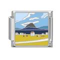 Silver Italian modular link charm in stainless steel featuring enamel landscape art - Village Cottages Pattern (HK19)