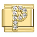 Gold-plated stainless steel modular bracelet charm featuring a sparkling crystal letter P - Letter P Charm (P16)