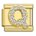 Gold stainless steel modular Italian charm link with sparkling crystal letter Q - Letter Q Charm (Q17)