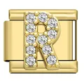 Personalized gold-plated stainless steel Italian charm link with rhinestone letter R - Letter R Charm (R18)
