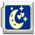 Blue starry sky Italian charm link with moon and heart design for DIY bracelets - Crescent Moon and Hearts (YK18) / Blue/Steel