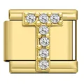 Gold stainless steel modular Italian charm link with crystal pavé letter T detail - Letter T Charm (T20)