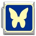 Italian charm link featuring a yellow butterfly on a blue enamel background for DIY jewelry - Butterfly Silhouette (YK21) / Blue/Steel