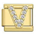 Gold stainless steel Italian bracelet charm featuring a crystal-studded letter V design. - Letter V Charm (V22)