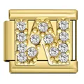 Gold tone stainless steel modular link charm with rhinestone letter W for DIY bracelets - Letter W Charm (W23)
