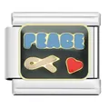 Stainless steel Italian charm link with blue Peace text, red heart, and ribbon design - Peace Heart Module (YW24)