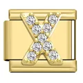 Gold stainless steel modular charm for Italian bracelets with cubic zirconia letter X - Letter X Charm (X24)