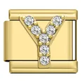 Gold stainless steel Italian modular charm link featuring crystal paved letter Y detail - Letter Y Charm (Y25)