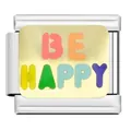 Custom Italian modular charm link with colorful BE HAPPY lettering on a stainless steel base - Be Happy Rainbow Module (YW27)