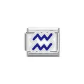 Close-up of blue Aquarius zodiac symbol on a polished stainless steel Italian charm - Aquarius Symbol (Y2049) / Silver Blue