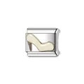 Close-up of silver modular Italian charm link with a glittery cream high-heeled shoe design - White High Heel (Y581)
